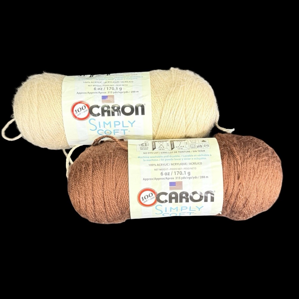 Caron Simply Soft 6 oz Acrylic Yarn - Bone and‎ Chocolate - Lot of 2
